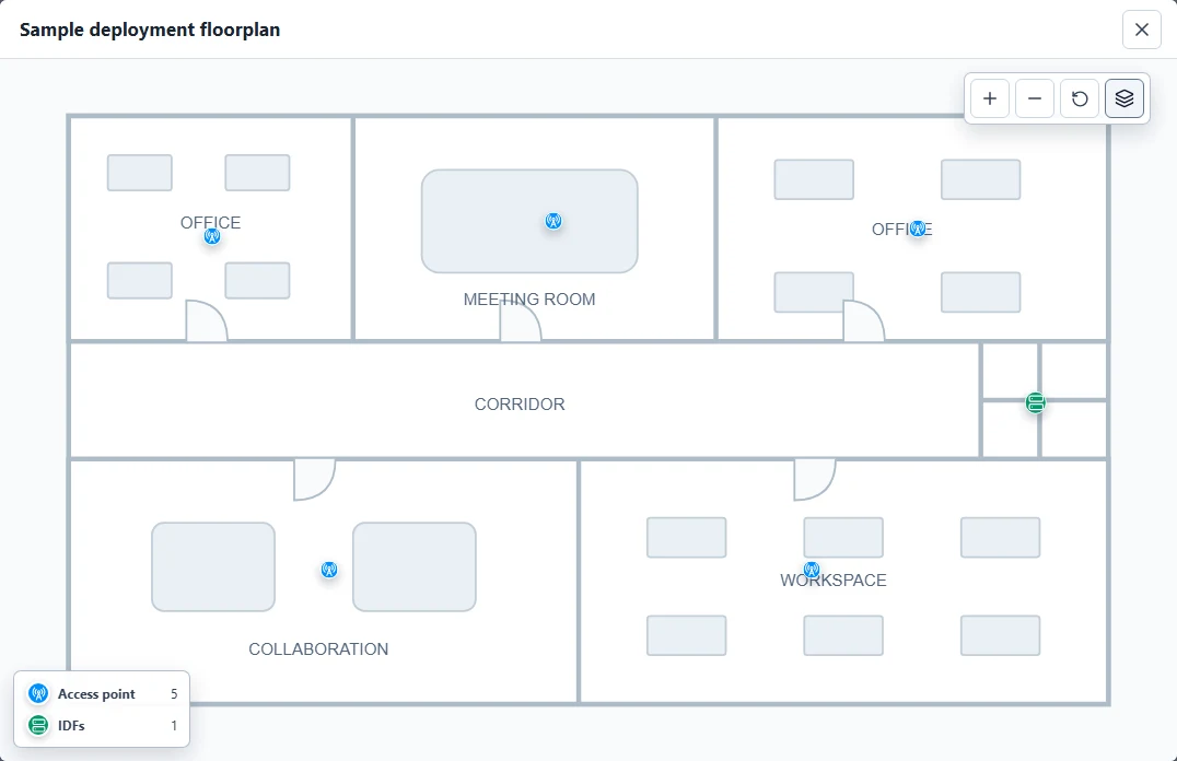 PROspective floorplan view with access point and IDF locations in a sample deployment